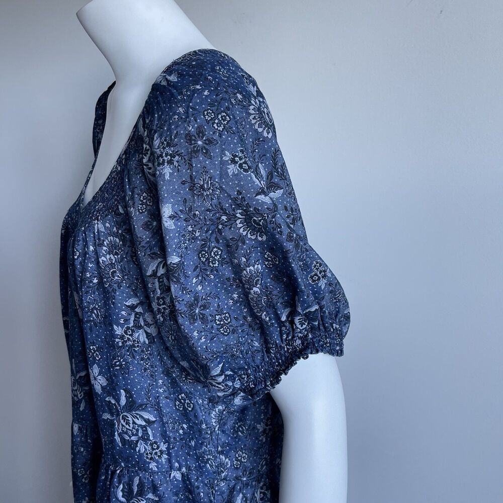 Torrid‎ Plus Size 1X Chambray Floral Puff Sleeve Smocked Tiered Dress Blue - Picture 6 of 13